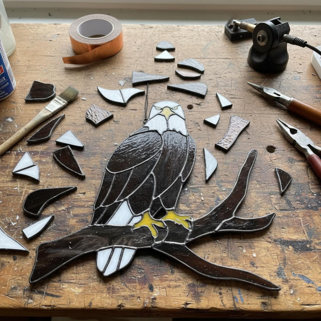 Handmade stained glass bald eagle suncatcher, realistic bird window hanging with brown and white glass, patriotic gift for dad or veteran, creating colored shadows.