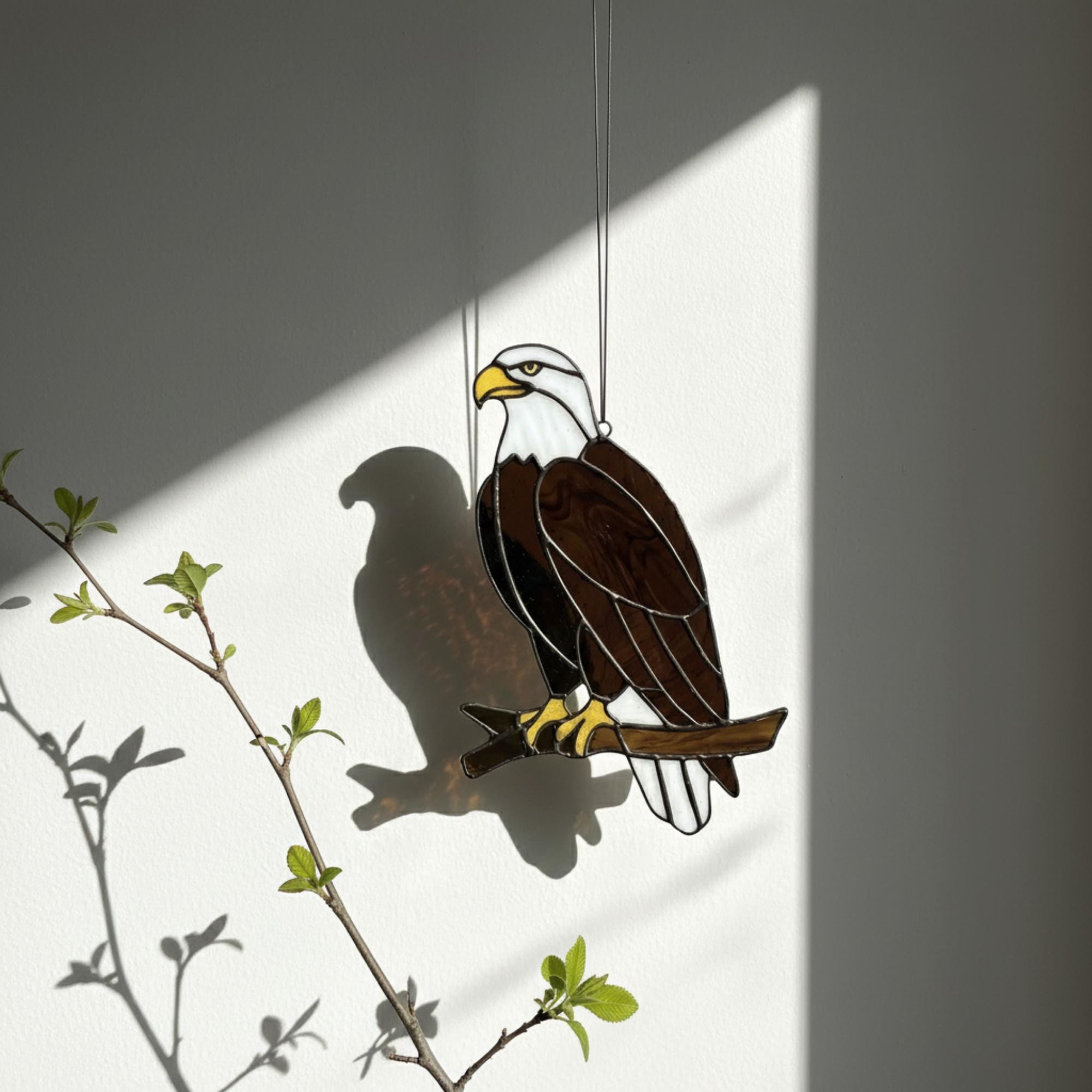Handmade stained glass bald eagle suncatcher, realistic bird window hanging with brown and white glass, patriotic gift for dad or veteran, creating colored shadows.