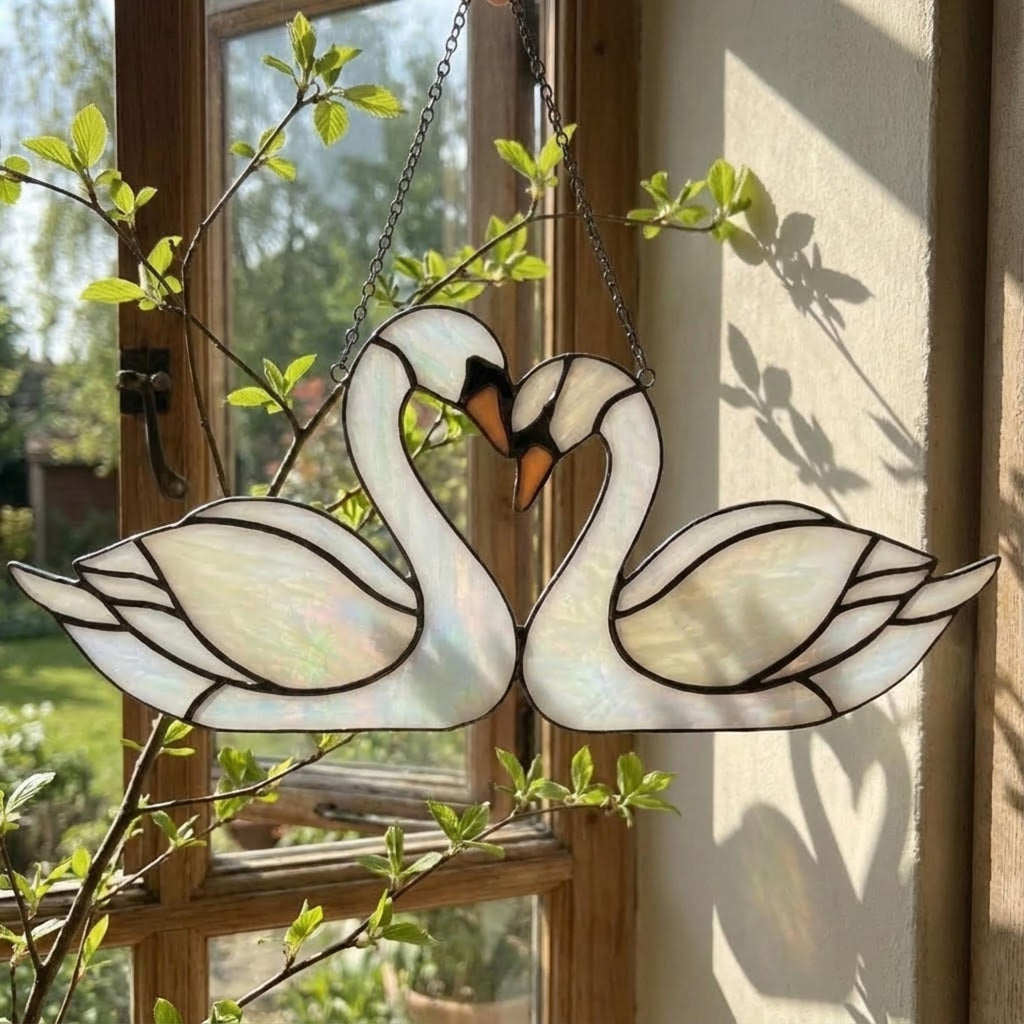 Handmade Iridescent Stained Glass Swan Heart Suncatcher. Romantic Window Hanging Decor & Luxury 20th Anniversary Wedding Gift Idea in Wooden Box.