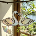 Handmade Iridescent Stained Glass Swan Heart Suncatcher. Romantic Window Hanging Decor & Luxury 20th Anniversary Wedding Gift Idea in Wooden Box.