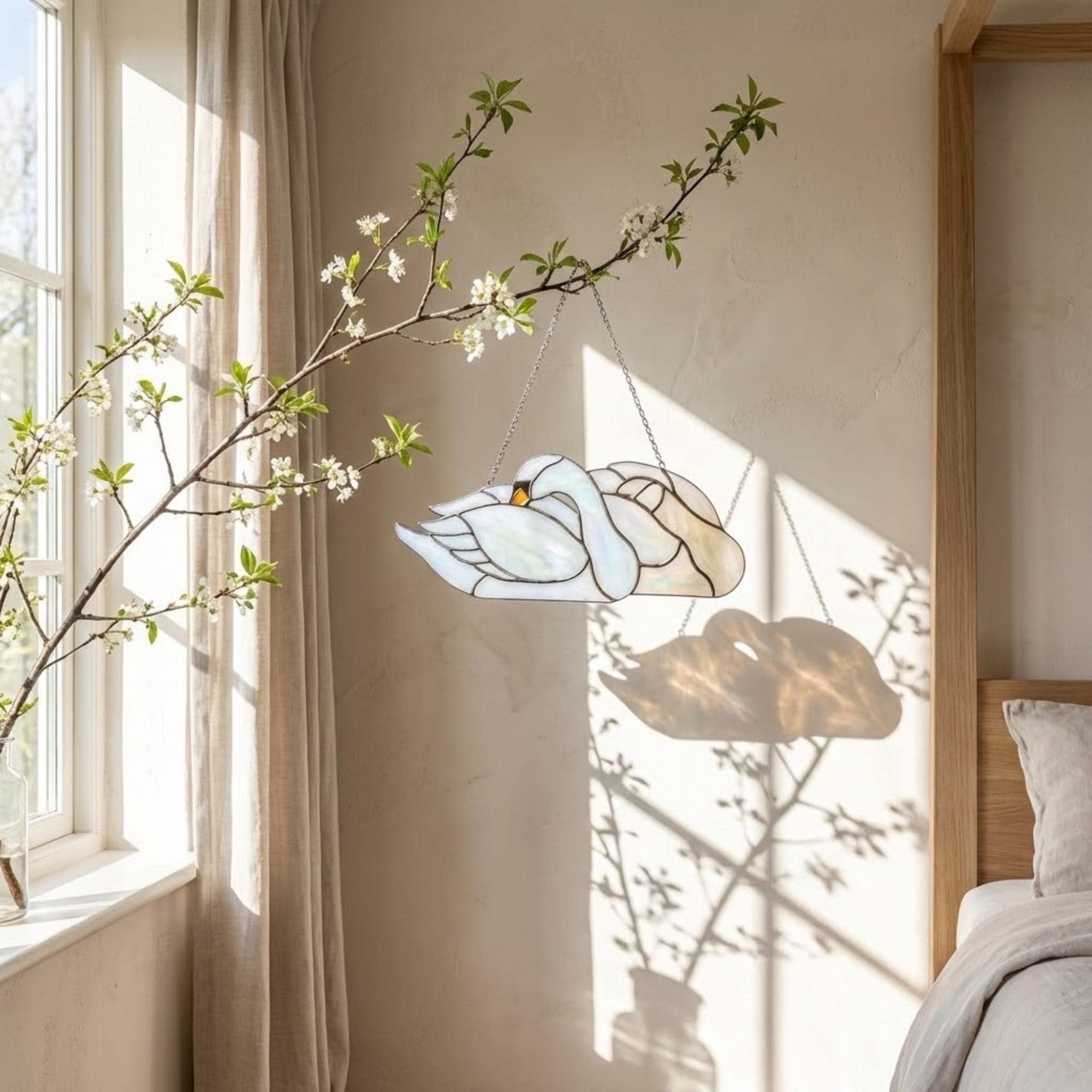 Handmade Iridescent Stained Glass Swan Heart Suncatcher. Romantic Window Hanging Decor & Luxury 20th Anniversary Wedding Gift Idea in Wooden Box.