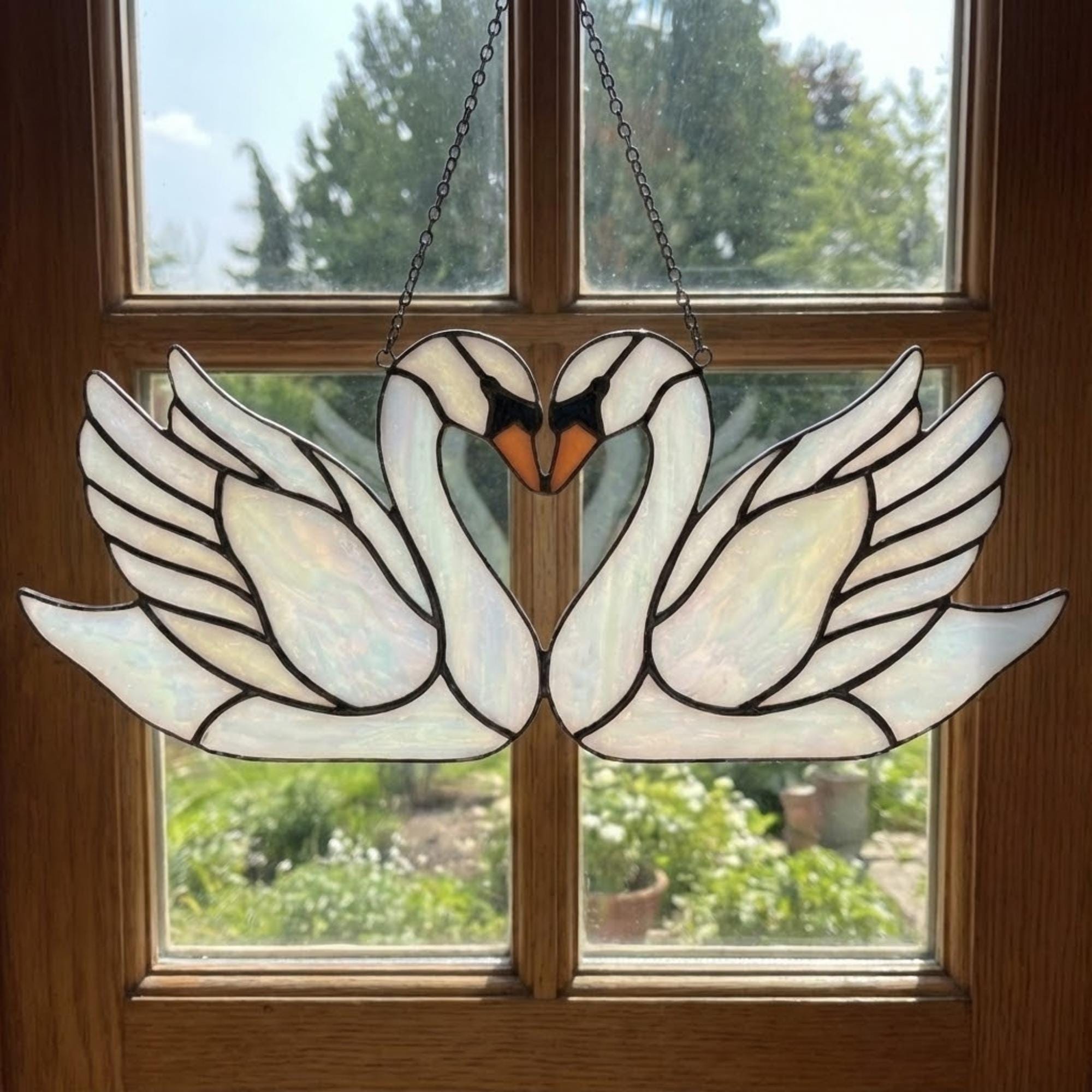 Handmade Iridescent Stained Glass Swan Heart Suncatcher. Romantic Window Hanging Decor & Luxury 20th Anniversary Wedding Gift Idea in Wooden Box.