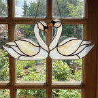 Handmade Iridescent Stained Glass Swan Heart Suncatcher. Romantic Window Hanging Decor & Luxury 20th Anniversary Wedding Gift Idea in Wooden Box.