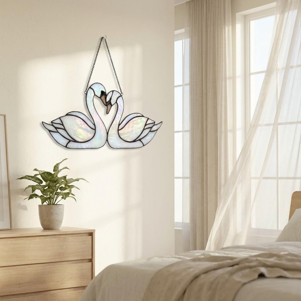 Handmade Iridescent Stained Glass Swan Heart Suncatcher. Romantic Window Hanging Decor & Luxury 20th Anniversary Wedding Gift Idea in Wooden Box.