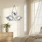 Handmade Iridescent Stained Glass Swan Heart Suncatcher. Romantic Window Hanging Decor & Luxury 20th Anniversary Wedding Gift Idea in Wooden Box.