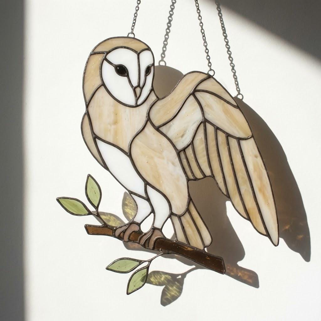 Barn Owl Stained Glass Suncatcher | Woodland Nursery Decor | Bird Lover Gift for Mom | Cottagecore Window Hanging | White Nature Art