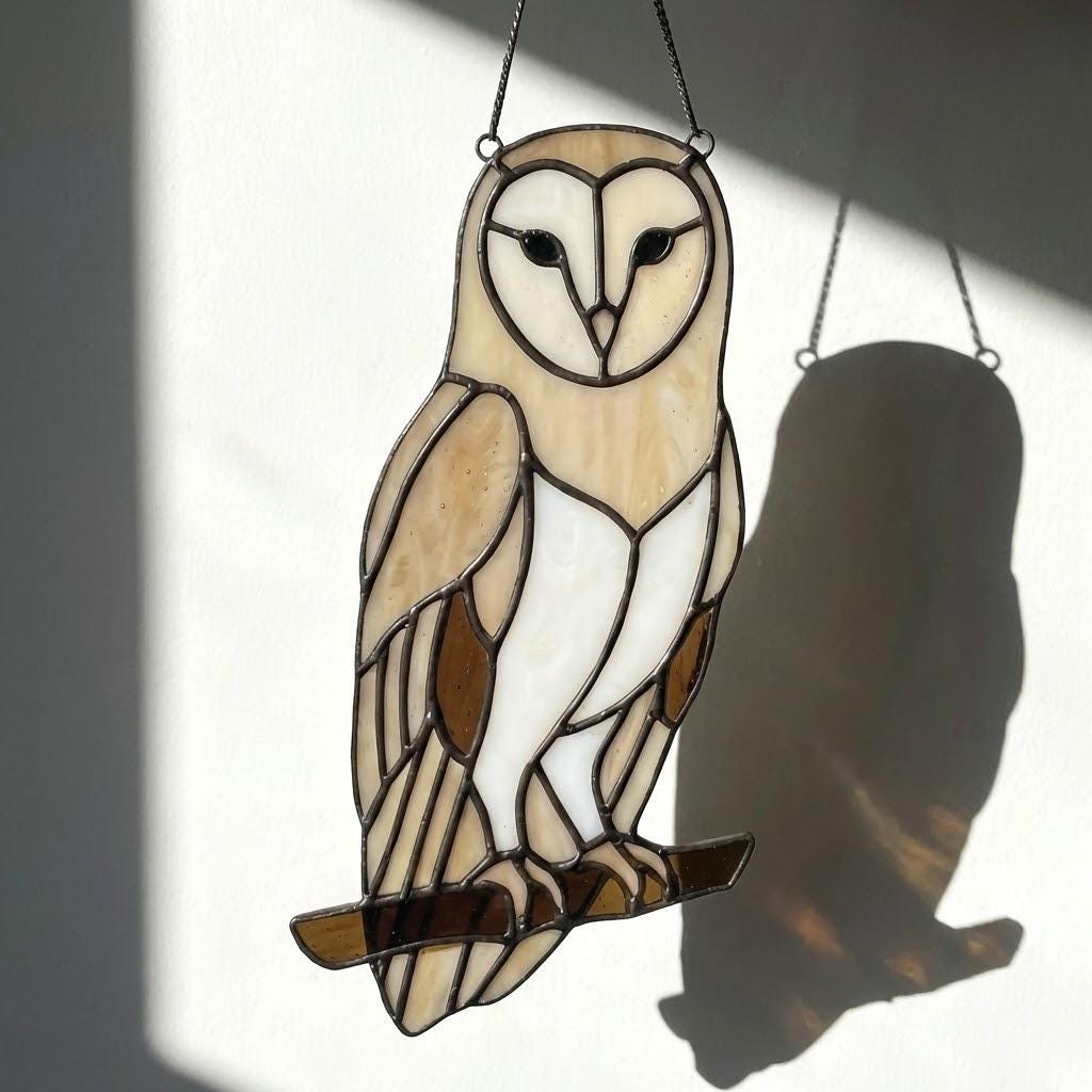 Barn Owl Stained Glass Suncatcher | Woodland Nursery Decor | Bird Lover Gift for Mom | Cottagecore Window Hanging | White Nature Art