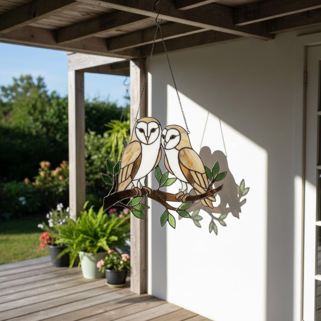 Barn Owl Stained Glass Suncatcher | Woodland Nursery Decor | Bird Lover Gift for Mom | Cottagecore Window Hanging | White Nature Art