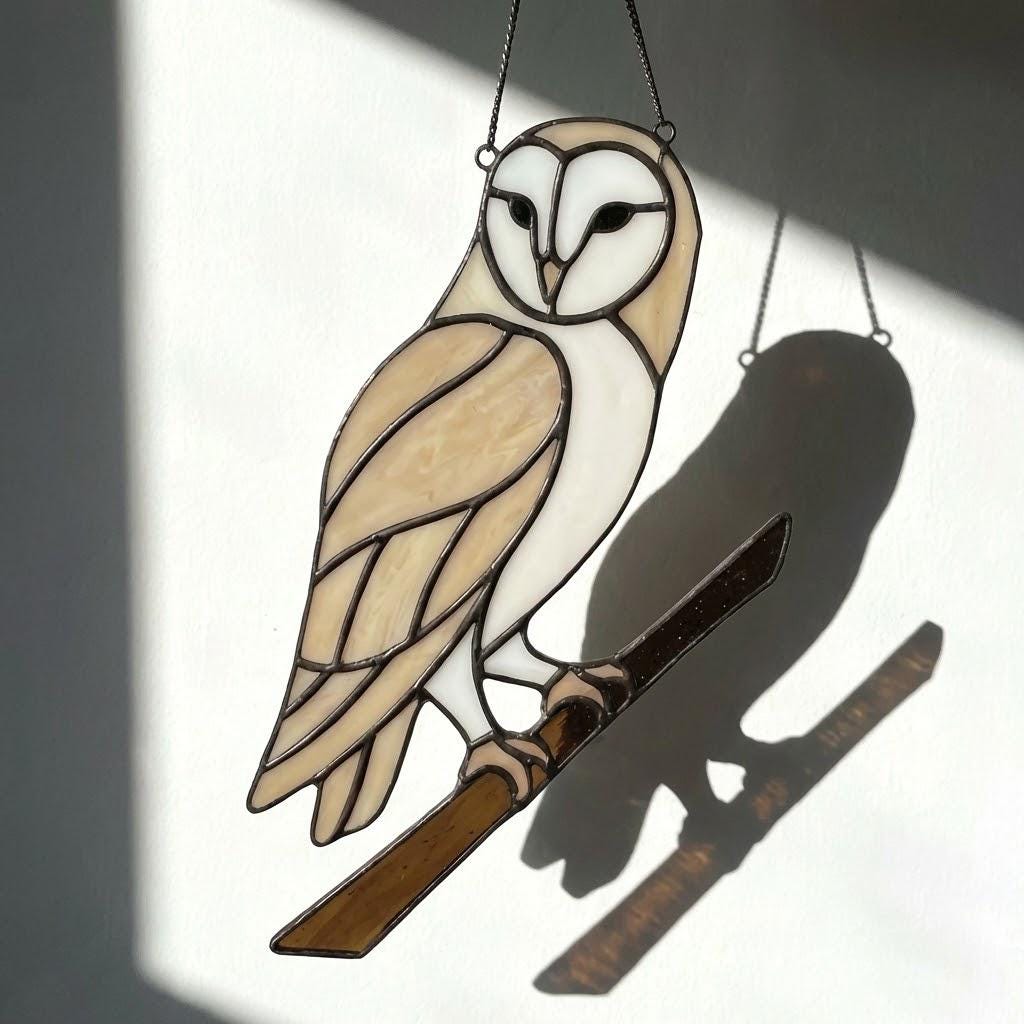 Barn Owl Stained Glass Suncatcher | Woodland Nursery Decor | Bird Lover Gift for Mom | Cottagecore Window Hanging | White Nature Art