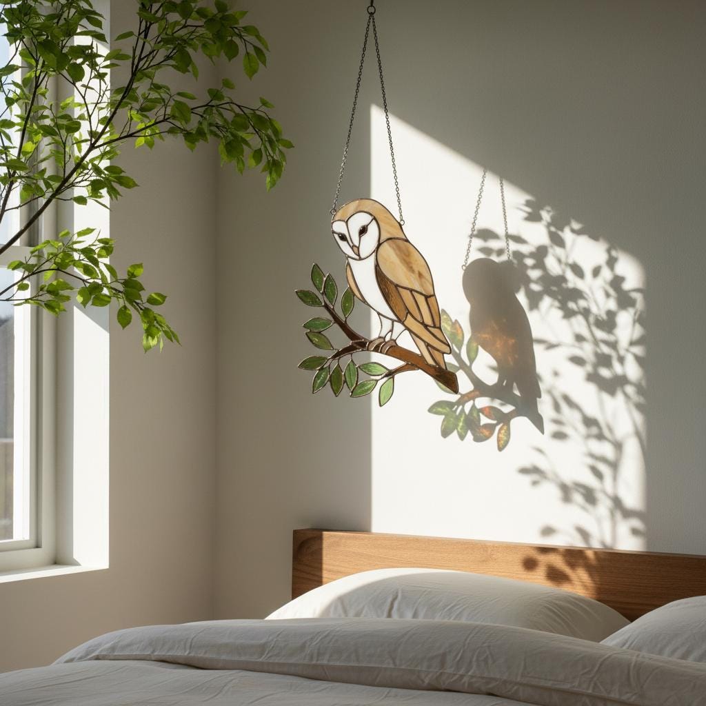Barn Owl Stained Glass Suncatcher | Woodland Nursery Decor | Bird Lover Gift for Mom | Cottagecore Window Hanging | White Nature Art