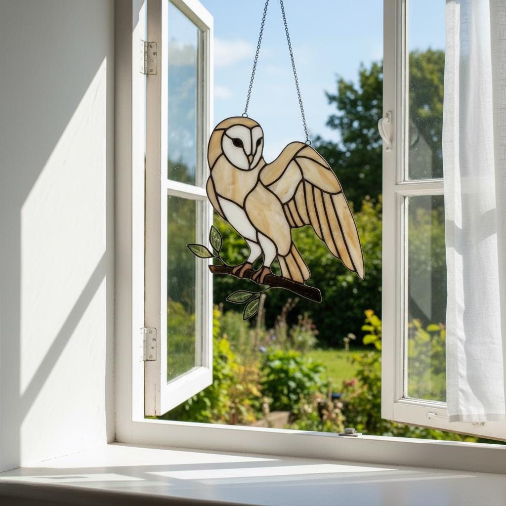 Barn Owl Stained Glass Suncatcher | Woodland Nursery Decor | Bird Lover Gift for Mom | Cottagecore Window Hanging | White Nature Art