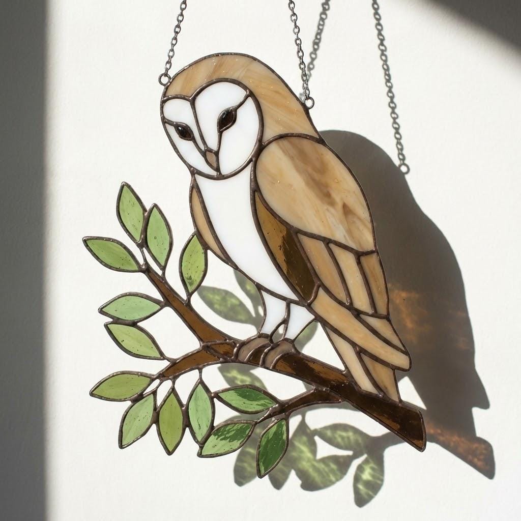 Barn Owl Stained Glass Suncatcher | Woodland Nursery Decor | Bird Lover Gift for Mom | Cottagecore Window Hanging | White Nature Art