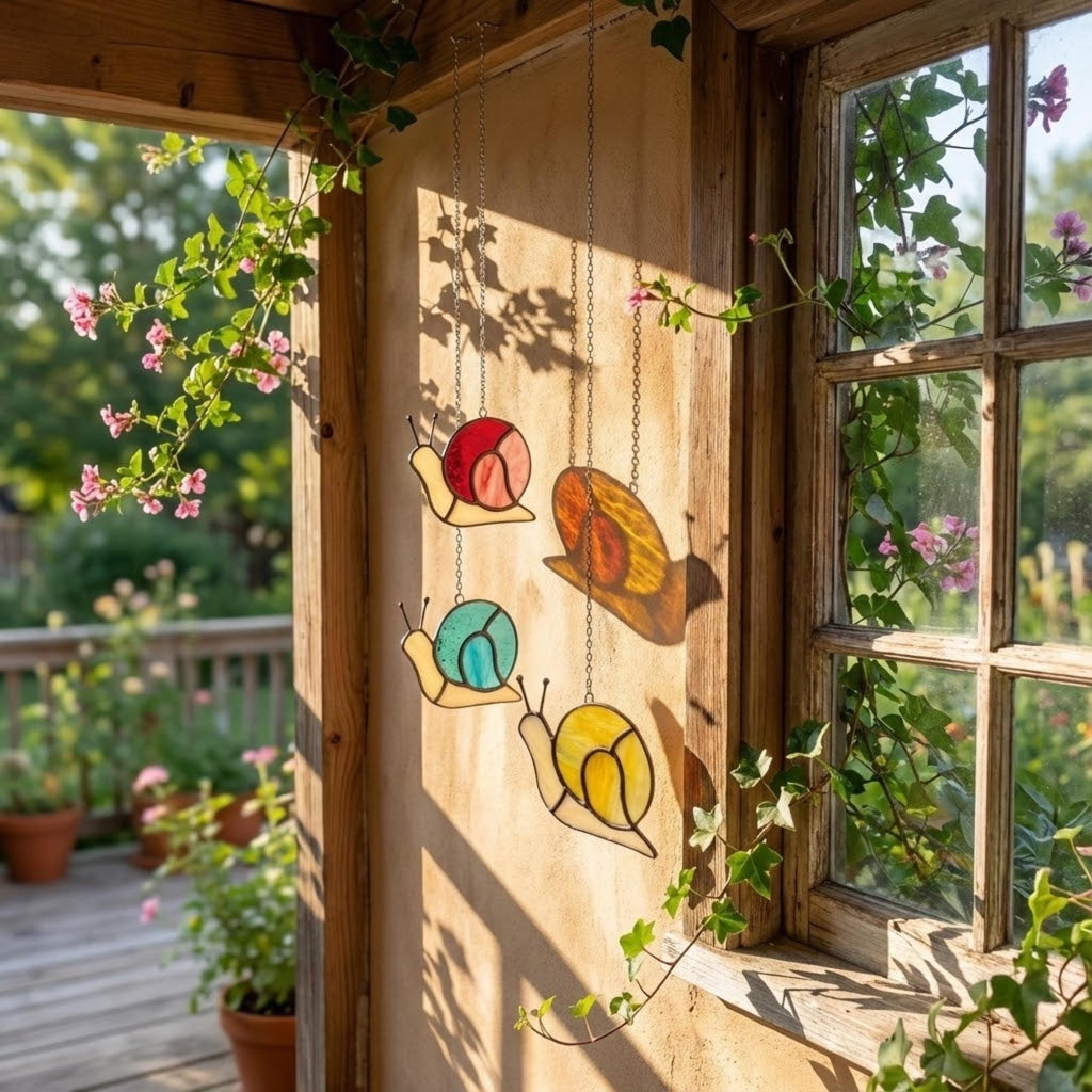 Cute stained glass snail suncatcher hanging on window, whimsical cottagecore decor for plant lovers, colorful glass animal art handmade in Vietnam, goblincore aesthetic gift.