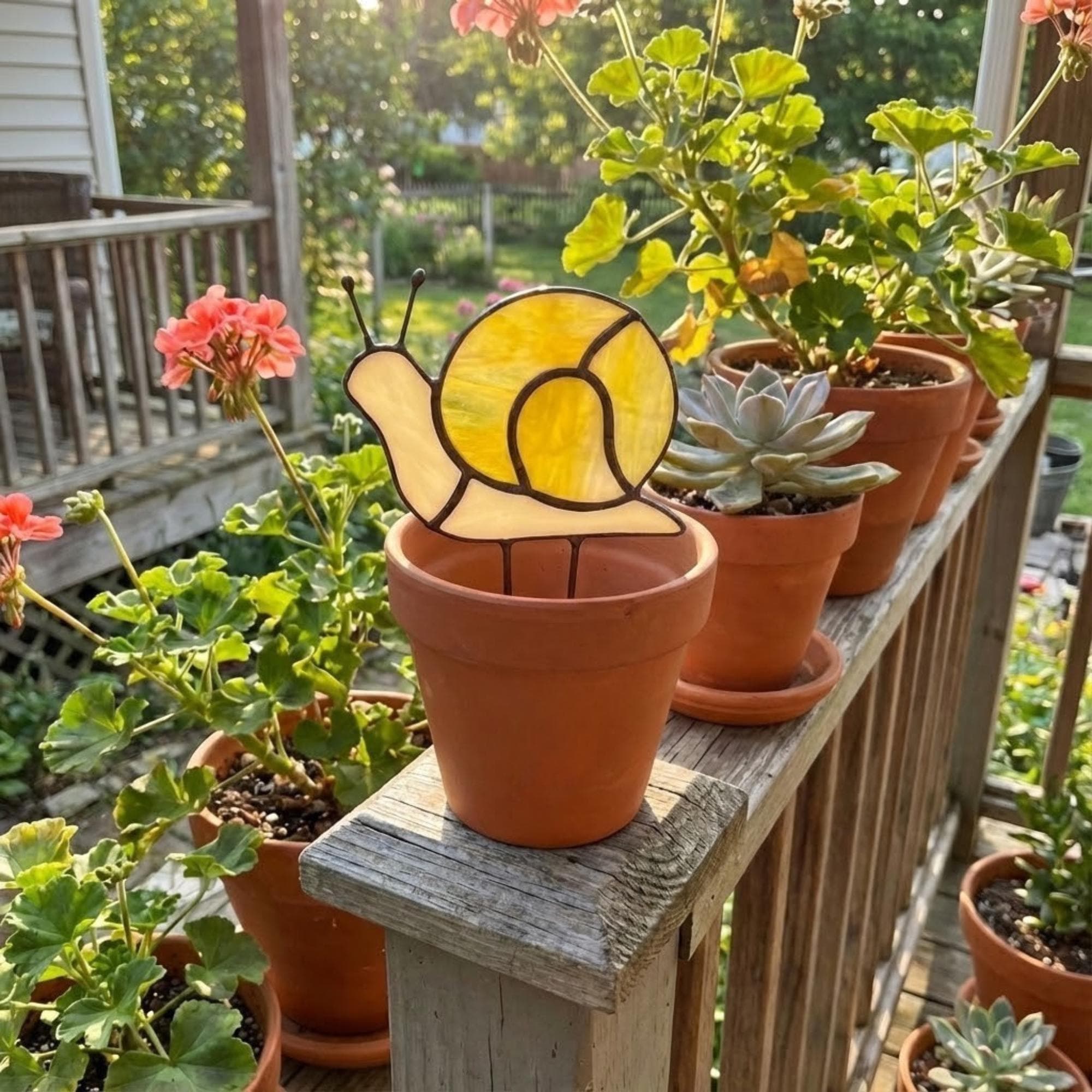 Cute stained glass snail suncatcher hanging on window, whimsical cottagecore decor for plant lovers, colorful glass animal art handmade in Vietnam, goblincore aesthetic gift.