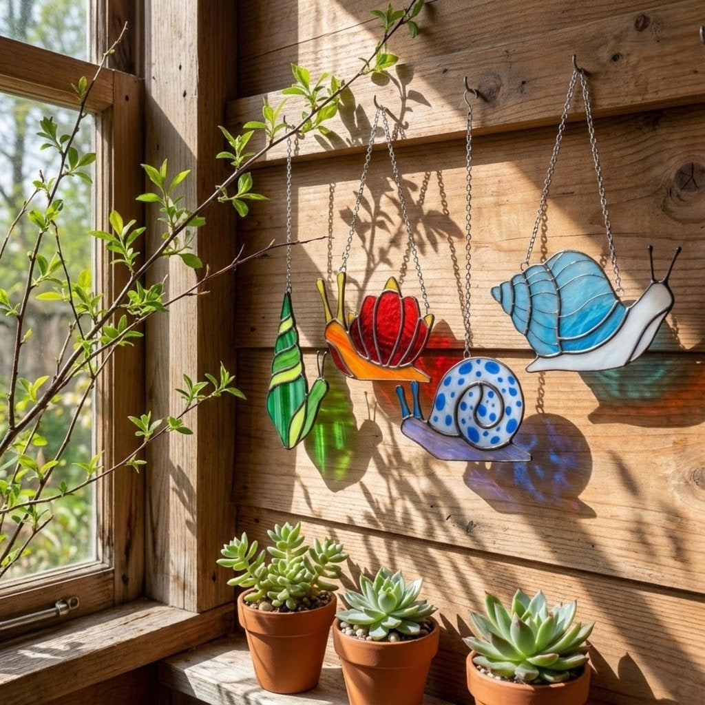 Cute stained glass snail suncatcher hanging on window, whimsical cottagecore decor for plant lovers, colorful glass animal art handmade in Vietnam, goblincore aesthetic gift.