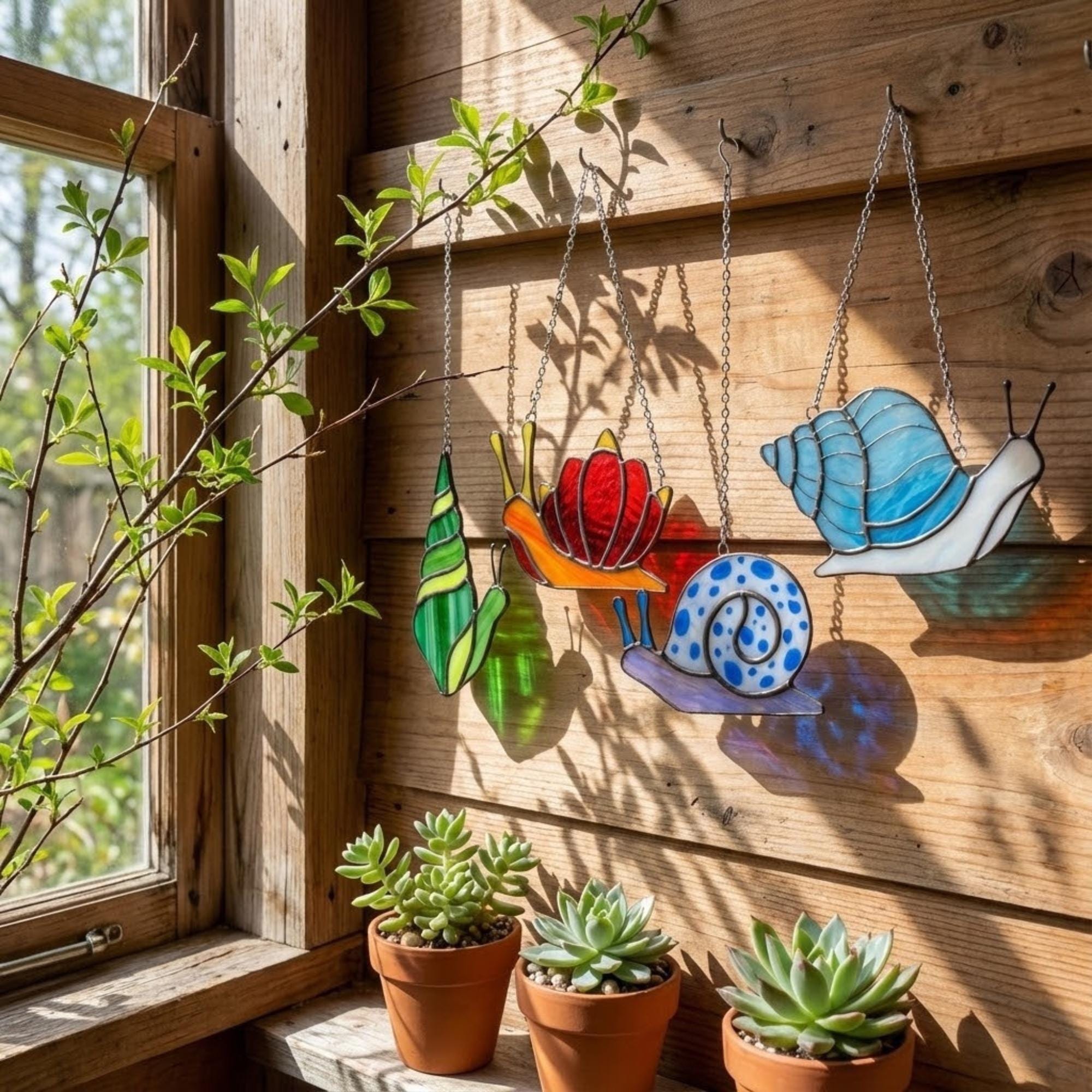 Cute stained glass snail suncatcher hanging on window, whimsical cottagecore decor for plant lovers, colorful glass animal art handmade in Vietnam, goblincore aesthetic gift.
