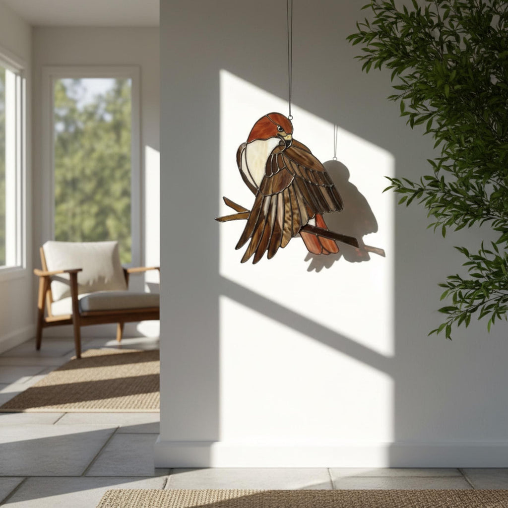 Handmade stained glass red tailed hawk suncatcher, realistic raptor bird window hanging, brown and rust wildlife decor, memorial gift for dad.