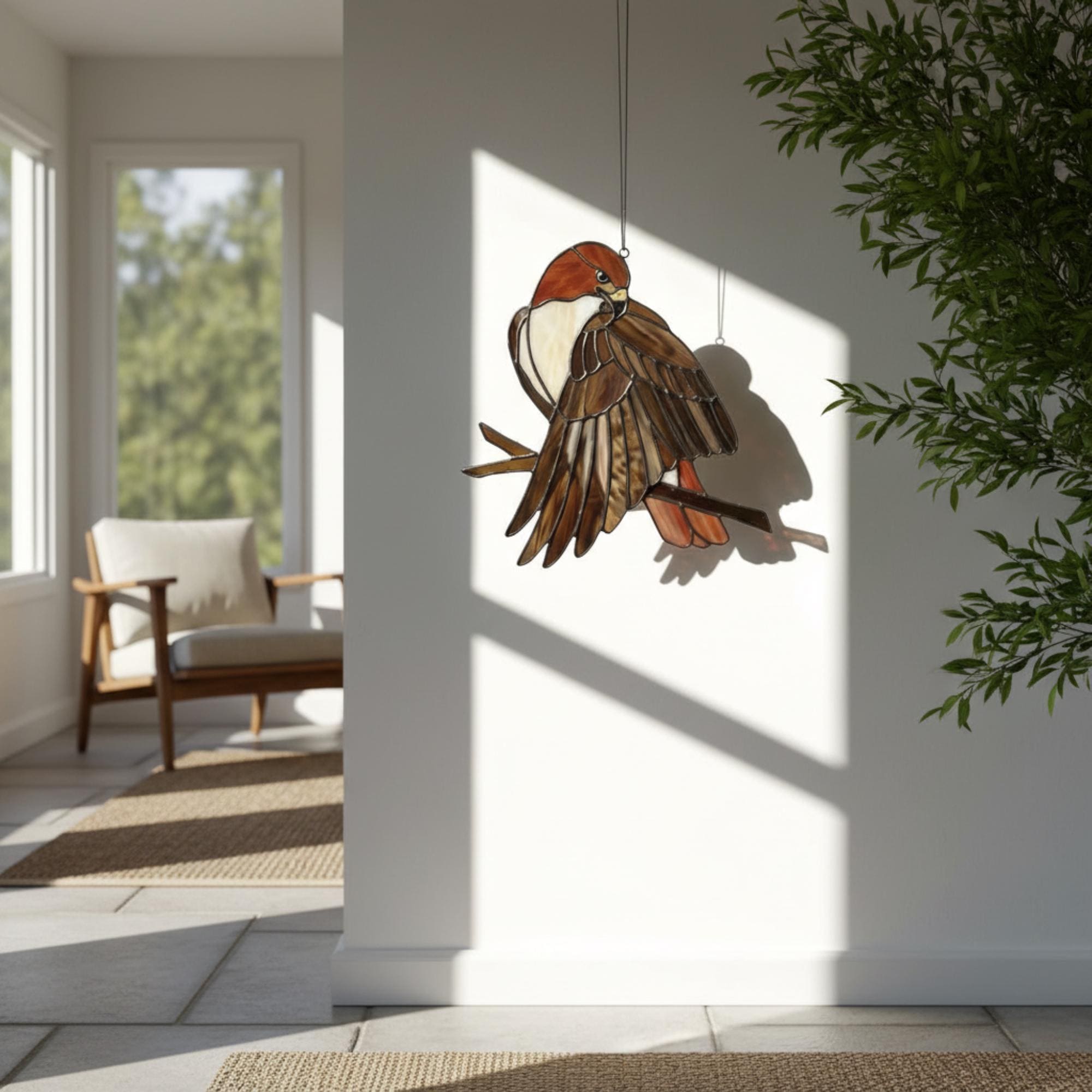 Handmade stained glass red tailed hawk suncatcher, realistic raptor bird window hanging, brown and rust wildlife decor, memorial gift for dad.