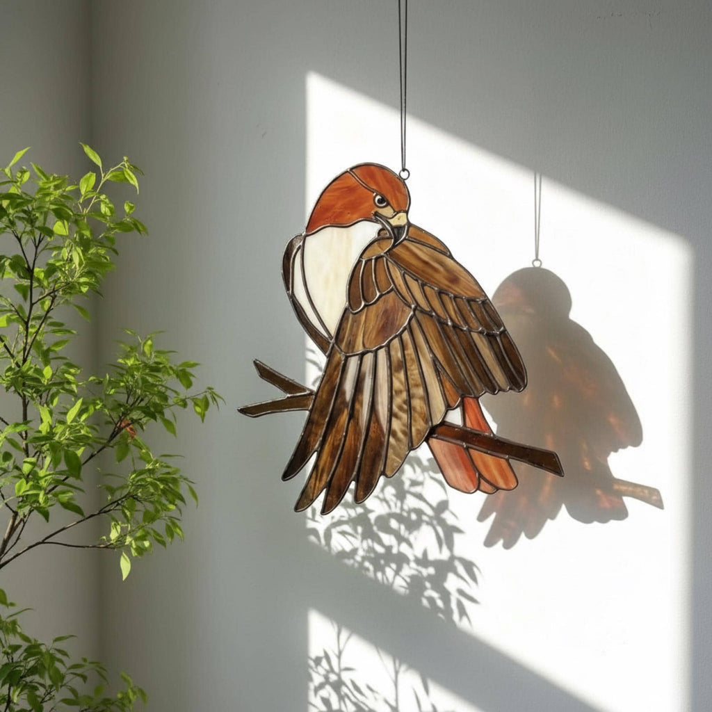 Handmade stained glass red tailed hawk suncatcher, realistic raptor bird window hanging, brown and rust wildlife decor, memorial gift for dad.