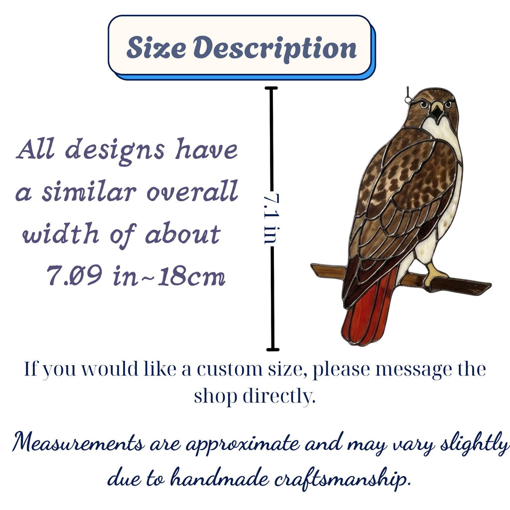 Handmade stained glass red tailed hawk suncatcher, realistic raptor bird window hanging, brown and rust wildlife decor, memorial gift for dad.