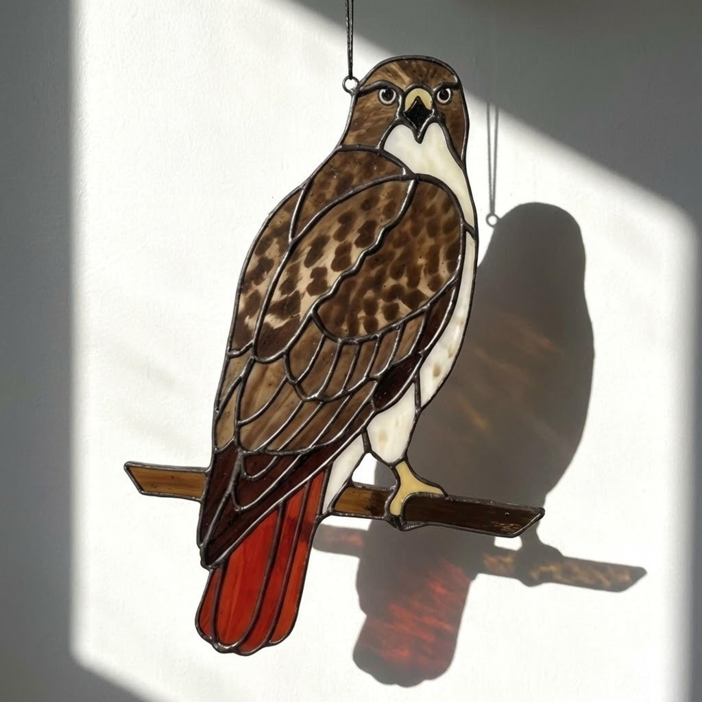 Handmade stained glass red tailed hawk suncatcher, realistic raptor bird window hanging, brown and rust wildlife decor, memorial gift for dad.