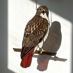 Handmade stained glass red tailed hawk suncatcher, realistic raptor bird window hanging, brown and rust wildlife decor, memorial gift for dad.