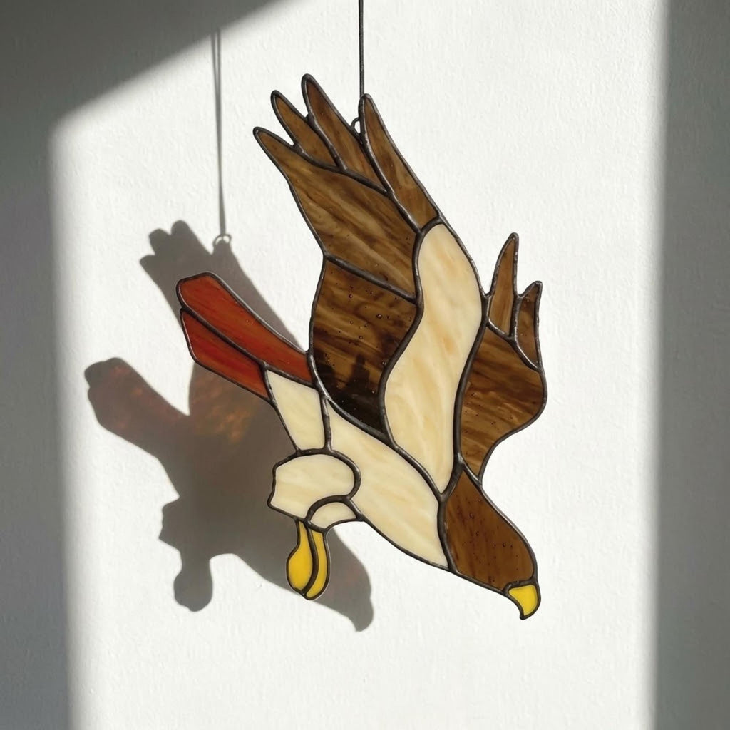 Handmade stained glass red tailed hawk suncatcher, realistic raptor bird window hanging, brown and rust wildlife decor, memorial gift for dad.