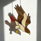 Handmade stained glass red tailed hawk suncatcher, realistic raptor bird window hanging, brown and rust wildlife decor, memorial gift for dad.