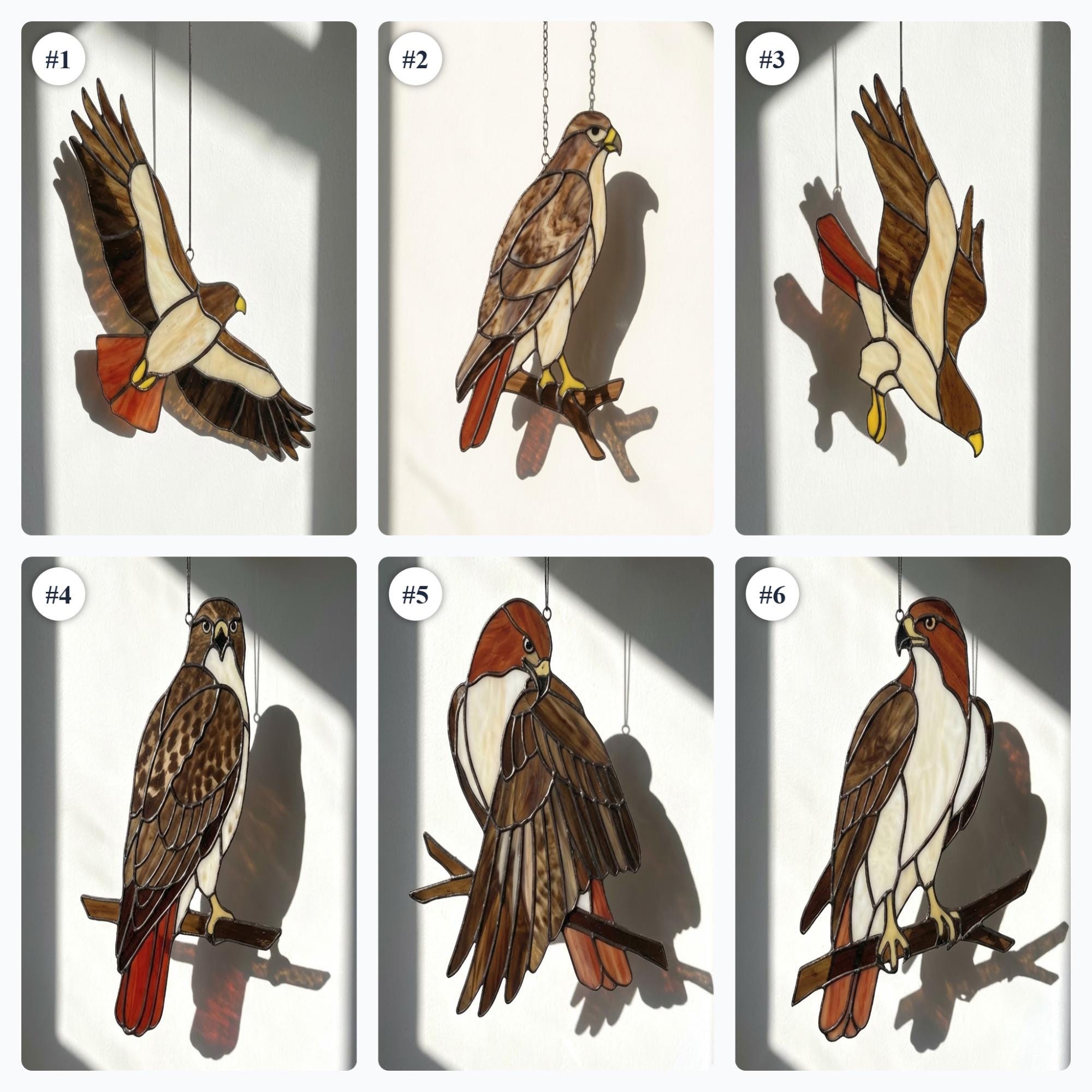 Handmade stained glass red tailed hawk suncatcher, realistic raptor bird window hanging, brown and rust wildlife decor, memorial gift for dad.
