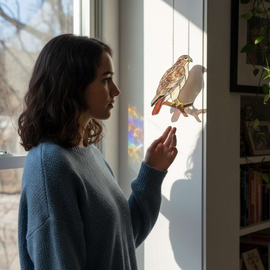 Handmade stained glass red tailed hawk suncatcher, realistic raptor bird window hanging, brown and rust wildlife decor, memorial gift for dad.