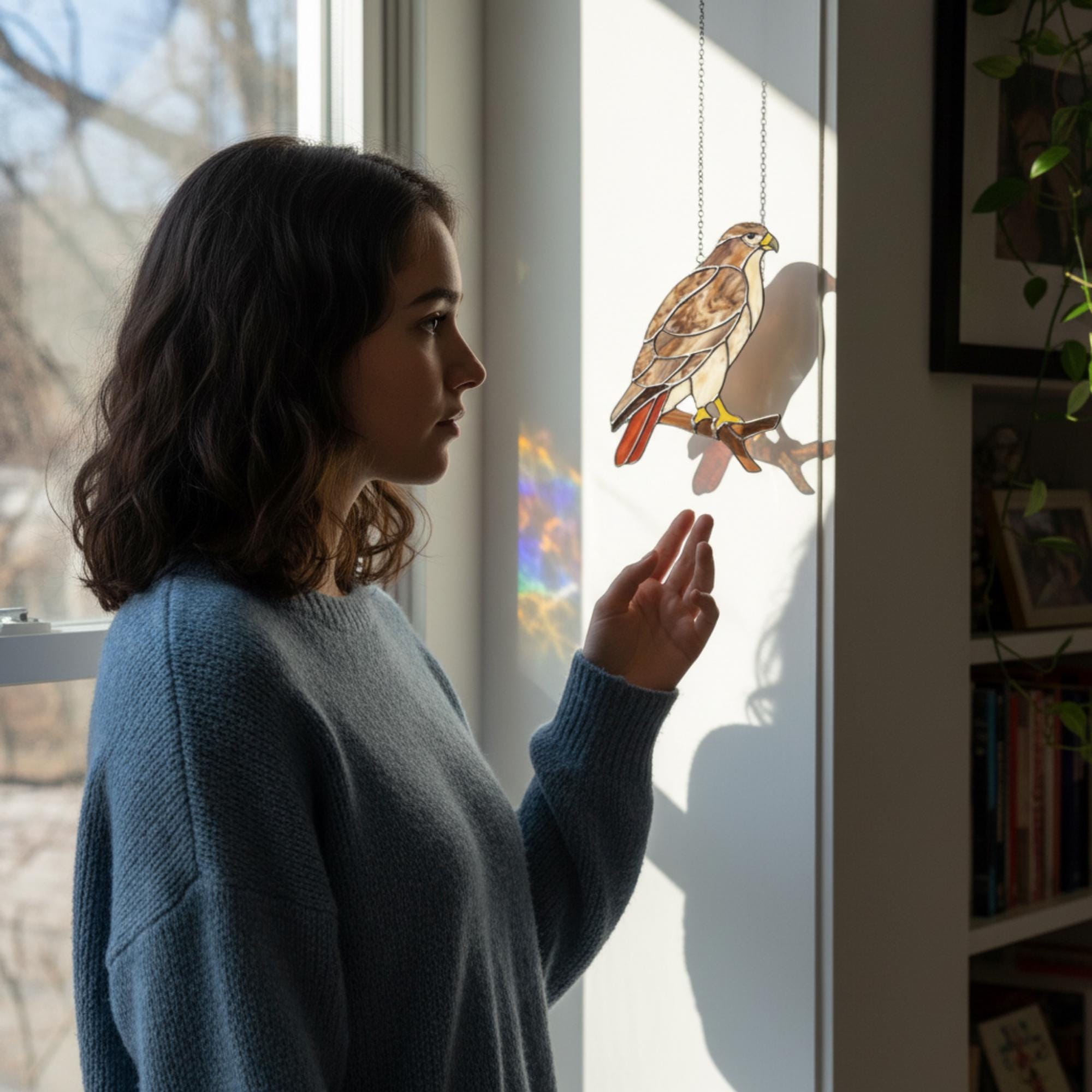 Handmade stained glass red tailed hawk suncatcher, realistic raptor bird window hanging, brown and rust wildlife decor, memorial gift for dad.