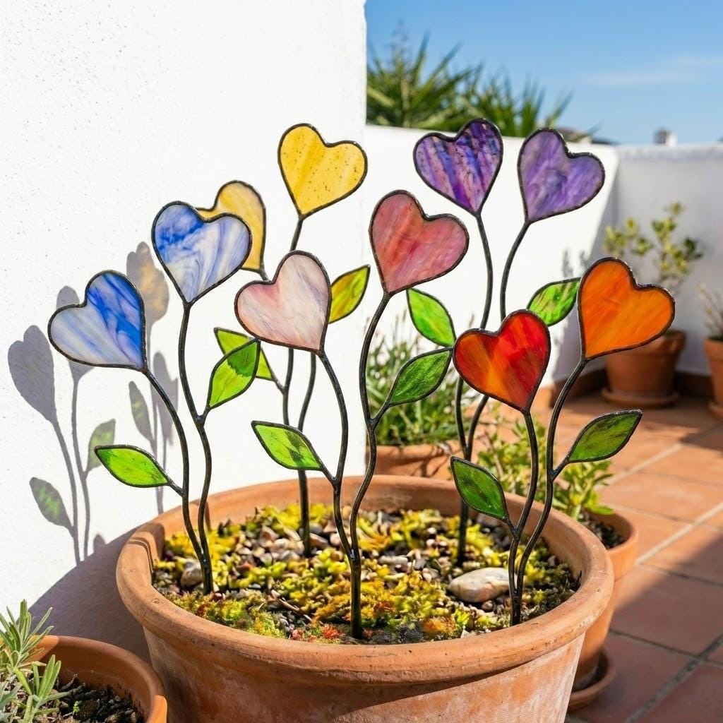 Colorful stained glass heart plant stakes with green leaves in a flower pot, gift box packaging, garden decor for plant lovers.