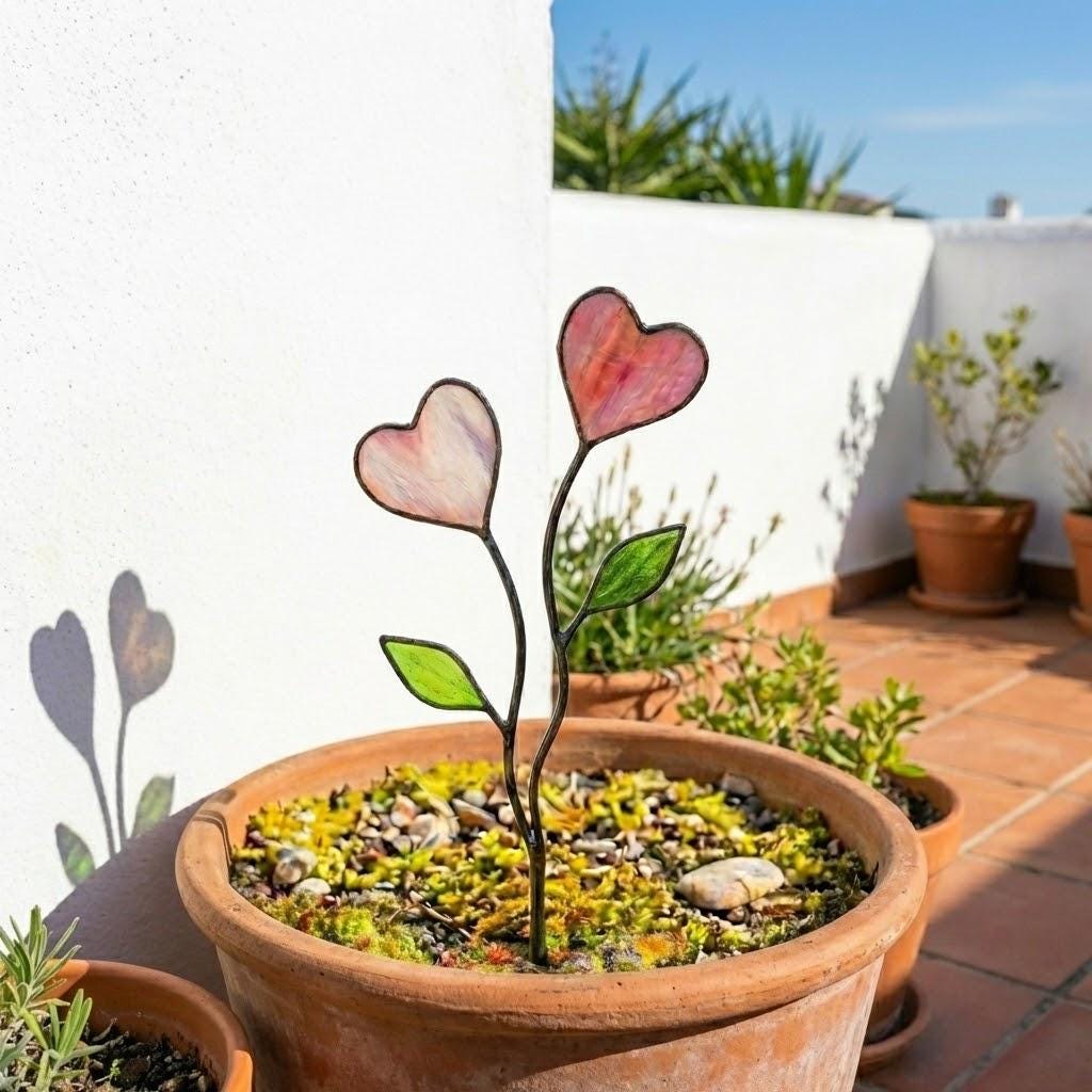 Colorful stained glass heart plant stakes with green leaves in a flower pot, gift box packaging, garden decor for plant lovers.