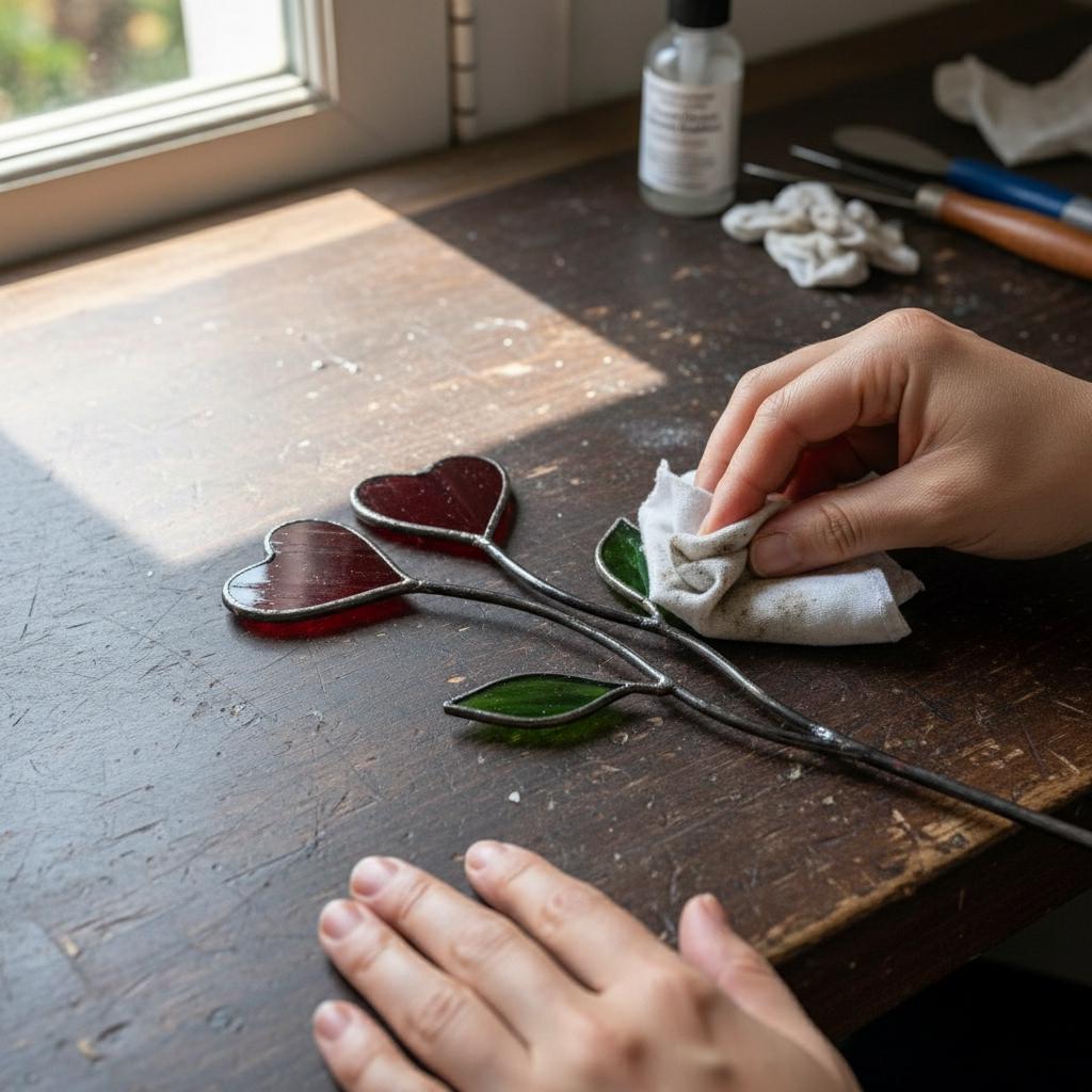 Colorful stained glass heart plant stakes with green leaves in a flower pot, gift box packaging, garden decor for plant lovers.