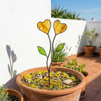 Colorful stained glass heart plant stakes with green leaves in a flower pot, gift box packaging, garden decor for plant lovers.