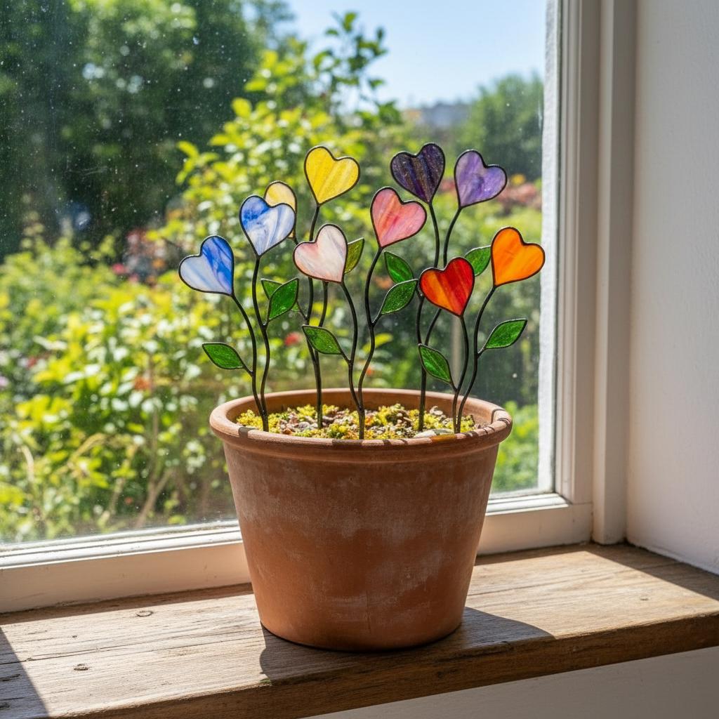 Colorful stained glass heart plant stakes with green leaves in a flower pot, gift box packaging, garden decor for plant lovers.