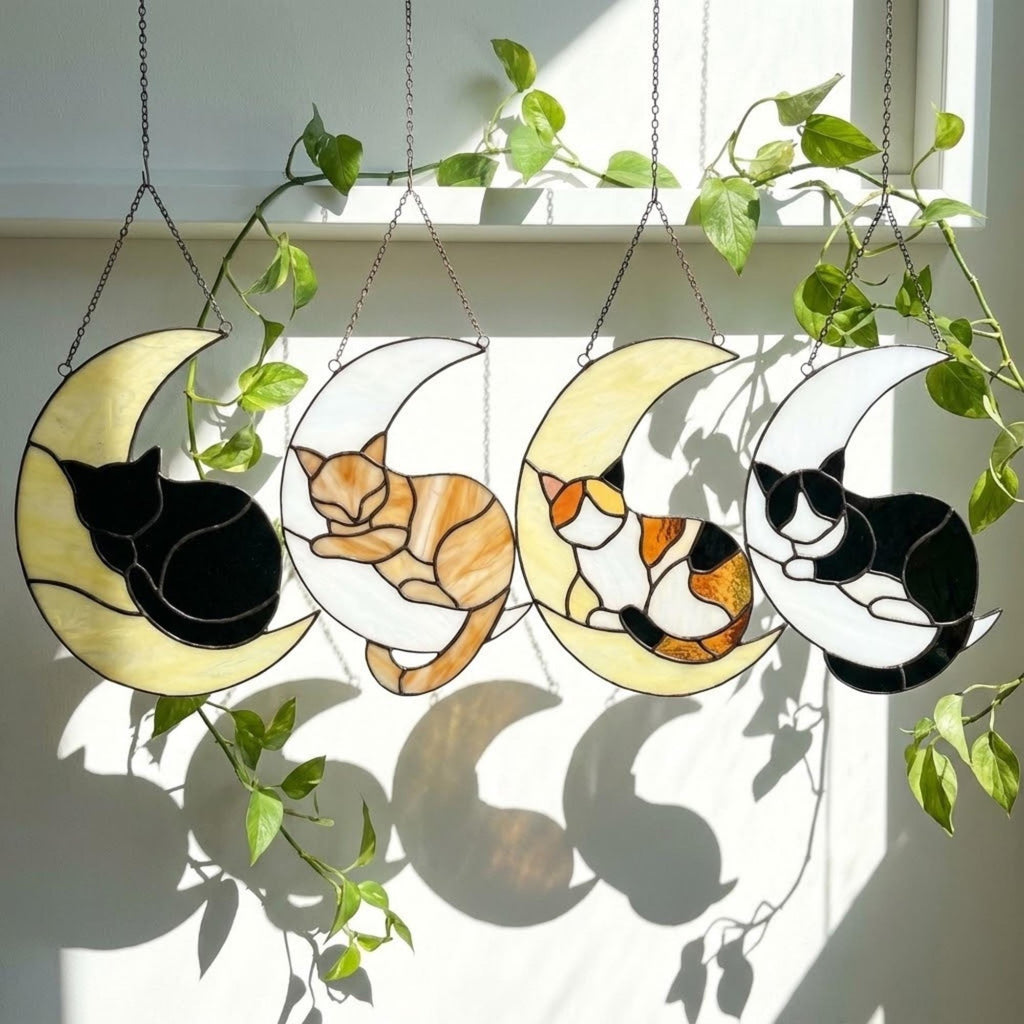 Stained glass sleeping cat on moon suncatcher window hanging, black orange tuxedo calico cat memorial gift for pet loss, handmade celestial decor by LuzyGlassArt.