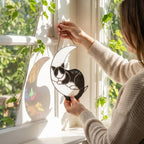 Stained glass sleeping cat on moon suncatcher window hanging, black orange tuxedo calico cat memorial gift for pet loss, handmade celestial decor by LuzyGlassArt.