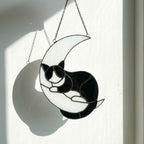 Stained glass sleeping cat on moon suncatcher window hanging, black orange tuxedo calico cat memorial gift for pet loss, handmade celestial decor by LuzyGlassArt.