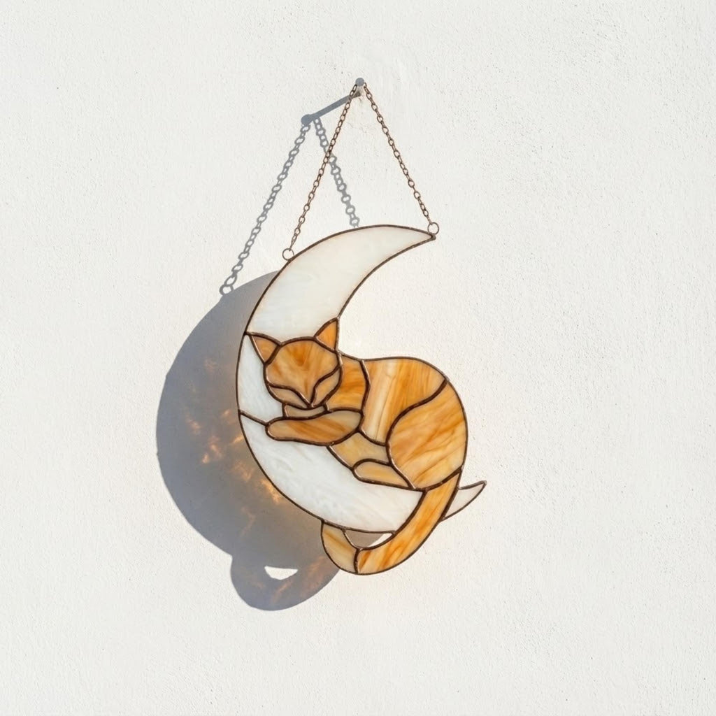 Stained glass sleeping cat on moon suncatcher window hanging, black orange tuxedo calico cat memorial gift for pet loss, handmade celestial decor by LuzyGlassArt.