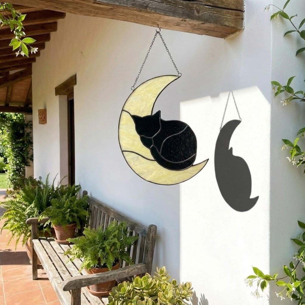 Stained glass sleeping cat on moon suncatcher window hanging, black orange tuxedo calico cat memorial gift for pet loss, handmade celestial decor by LuzyGlassArt.