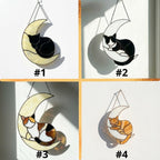 Stained glass sleeping cat on moon suncatcher window hanging, black orange tuxedo calico cat memorial gift for pet loss, handmade celestial decor by LuzyGlassArt.