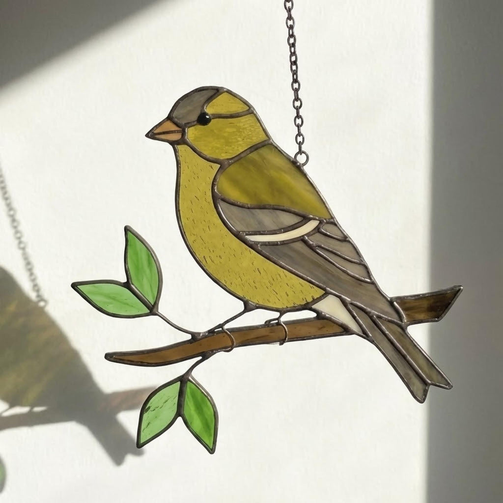 Stained glass American Goldfinch suncatcher hanging on window casting yellow shadows, vibrant yellow bird ornament for birdwatchers, handmade state bird gift for New Jersey Iowa Washington by LuzyGlassArt.