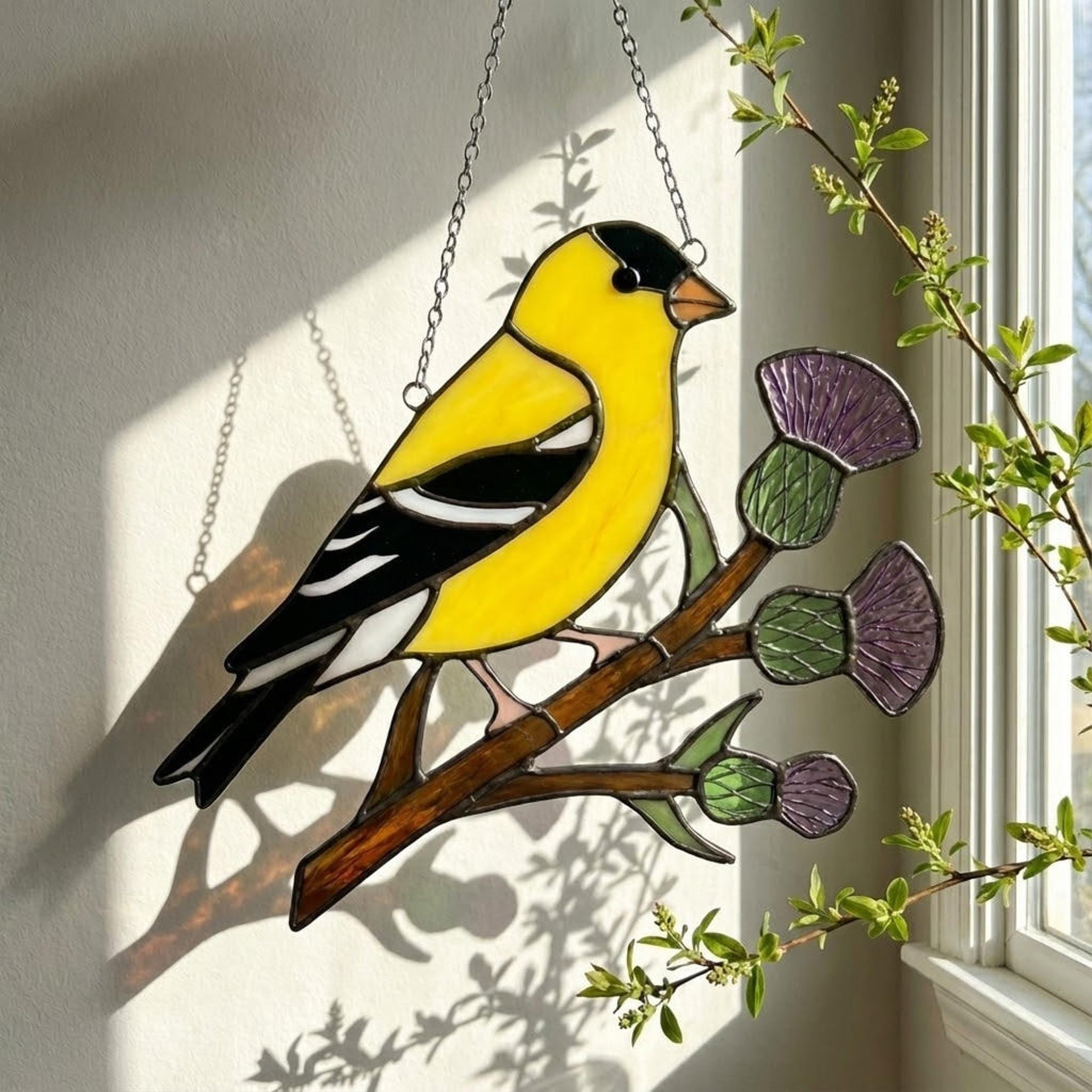 Stained glass American Goldfinch suncatcher hanging on window casting yellow shadows, vibrant yellow bird ornament for birdwatchers, handmade state bird gift for New Jersey Iowa Washington by LuzyGlassArt.