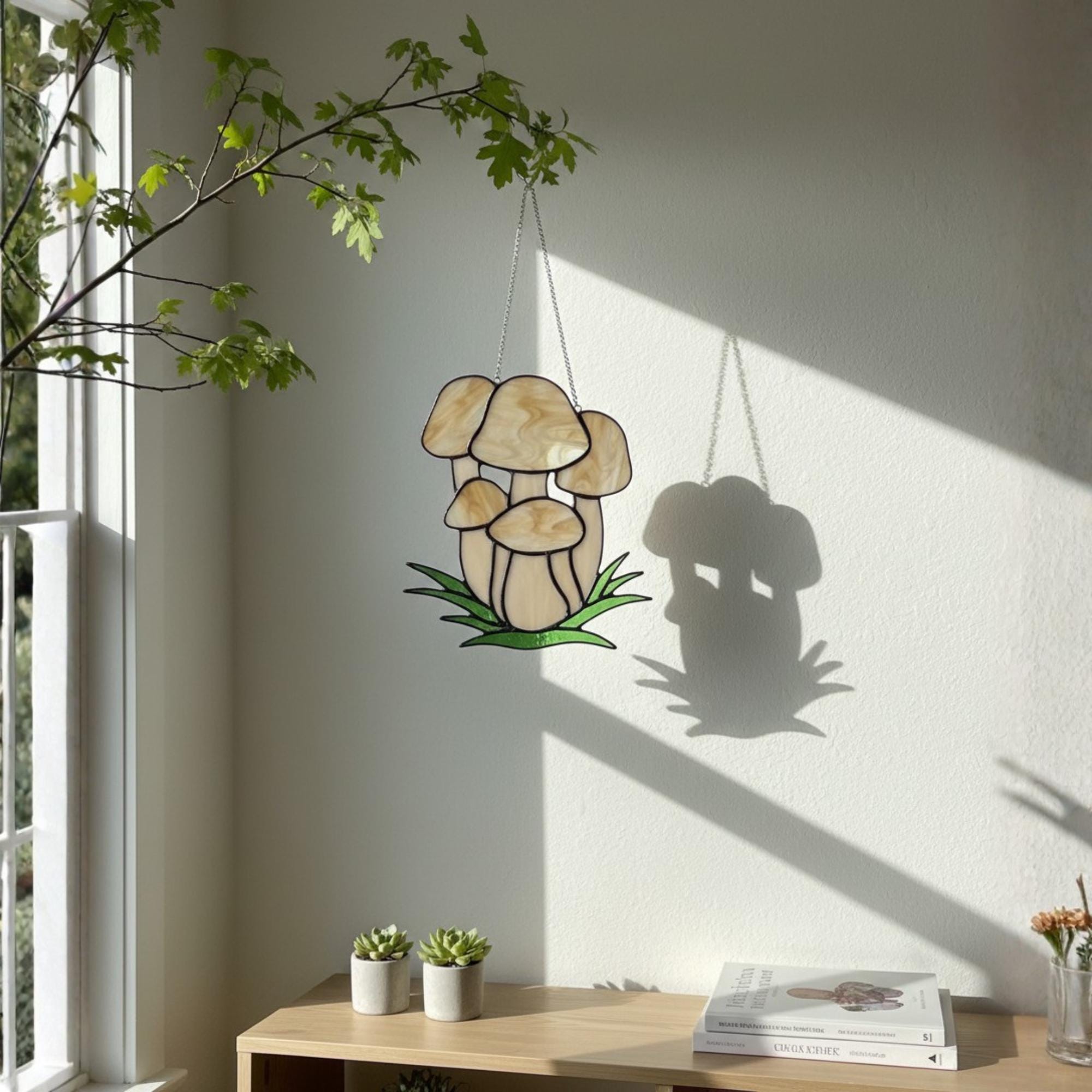 Handmade stained glass mushroom suncatcher with green grass base, colorful fungi window hanging, cottagecore forest decor for plant lovers.
