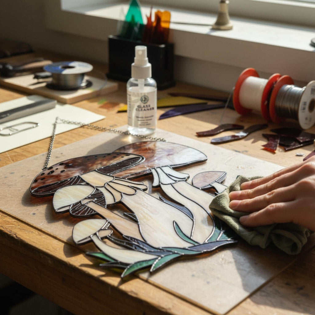 Handmade stained glass mushroom suncatcher with green grass base, colorful fungi window hanging, cottagecore forest decor for plant lovers.