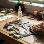 Handmade stained glass mushroom suncatcher with green grass base, colorful fungi window hanging, cottagecore forest decor for plant lovers.