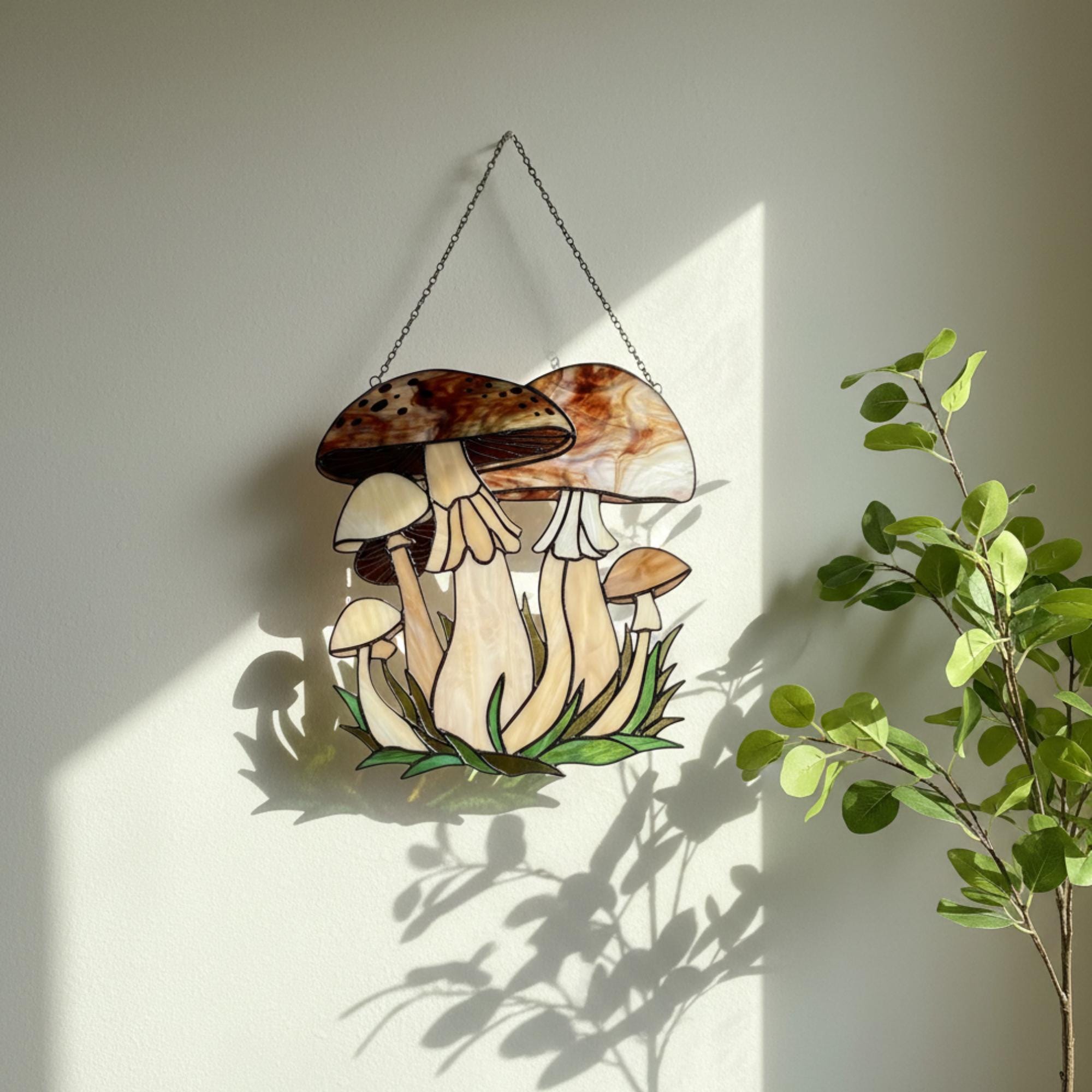 Handmade stained glass mushroom suncatcher with green grass base, colorful fungi window hanging, cottagecore forest decor for plant lovers.