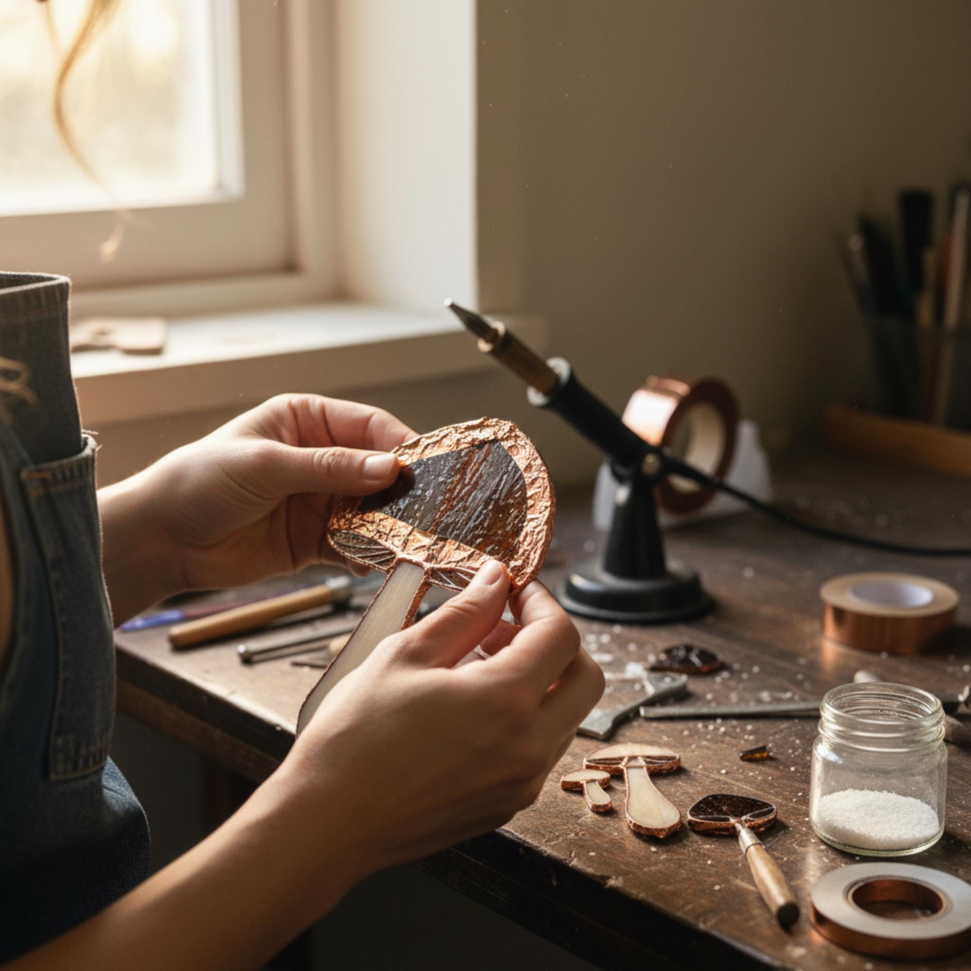 Handmade stained glass mushroom suncatcher with green grass base, colorful fungi window hanging, cottagecore forest decor for plant lovers.