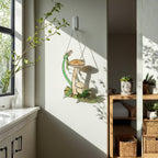 Handmade stained glass mushroom suncatcher with green grass base, colorful fungi window hanging, cottagecore forest decor for plant lovers.